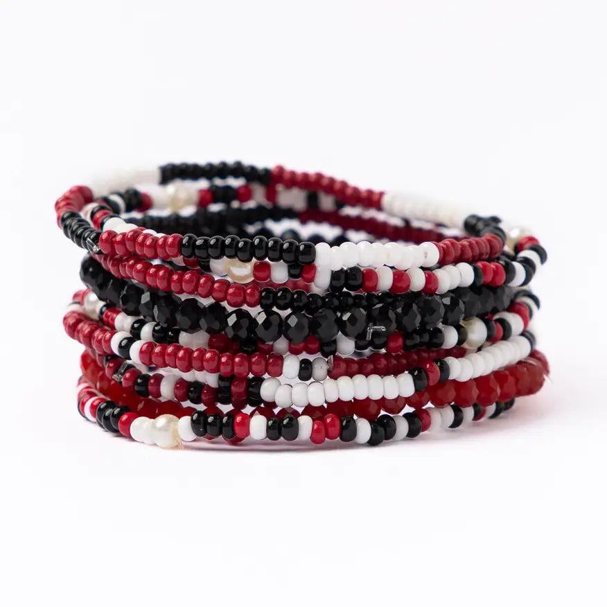 Game Day Beaded 10 Strand Stretch Bracelets Dark Red, Black, White