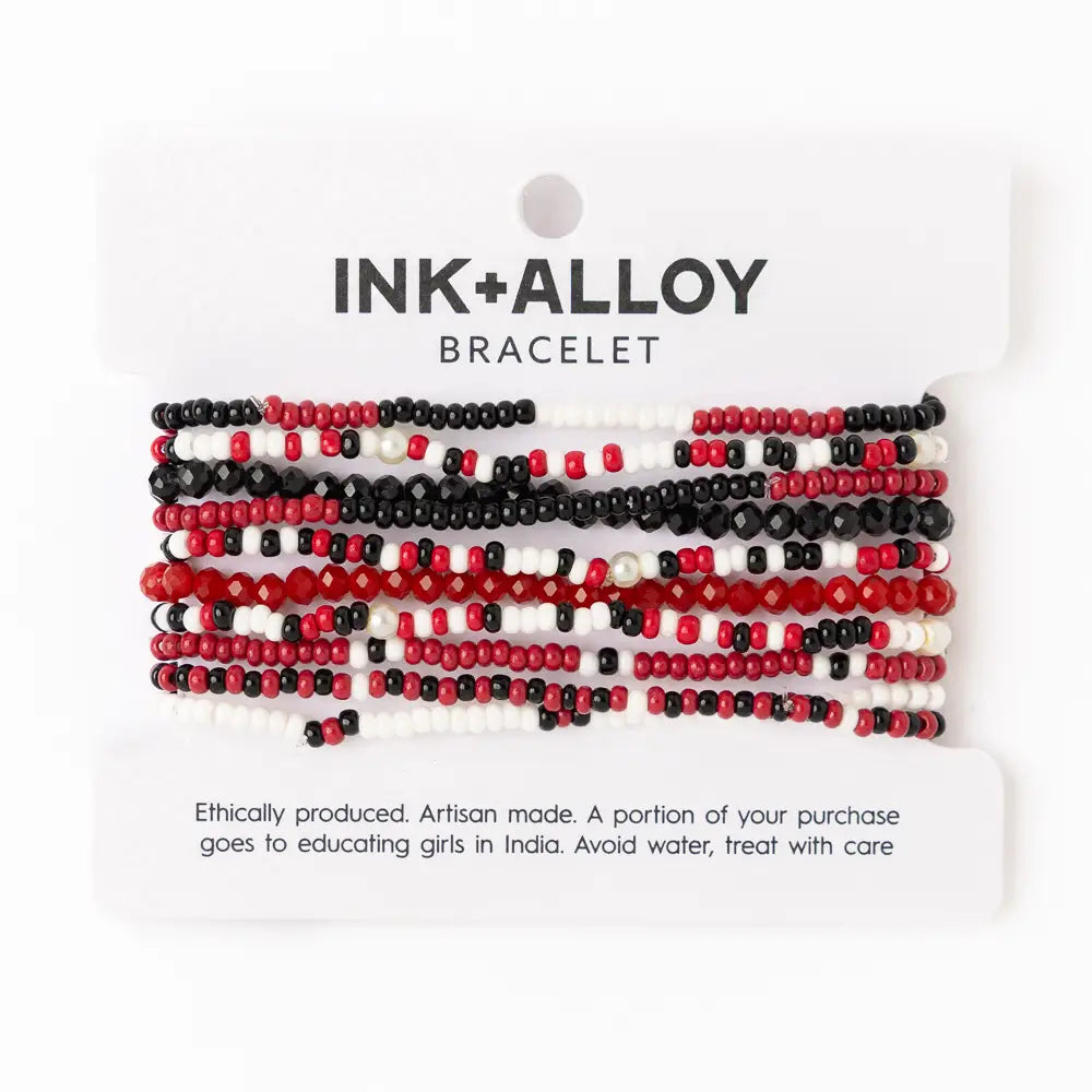 Game Day Beaded 10 Strand Stretch Bracelets Dark Red, Black, White