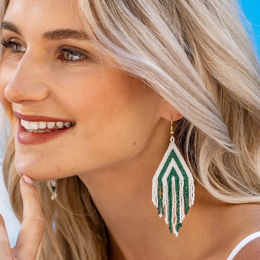 Haley Game Day Stacked Triangle Beaded Fringe Earrings Dark Green and White
