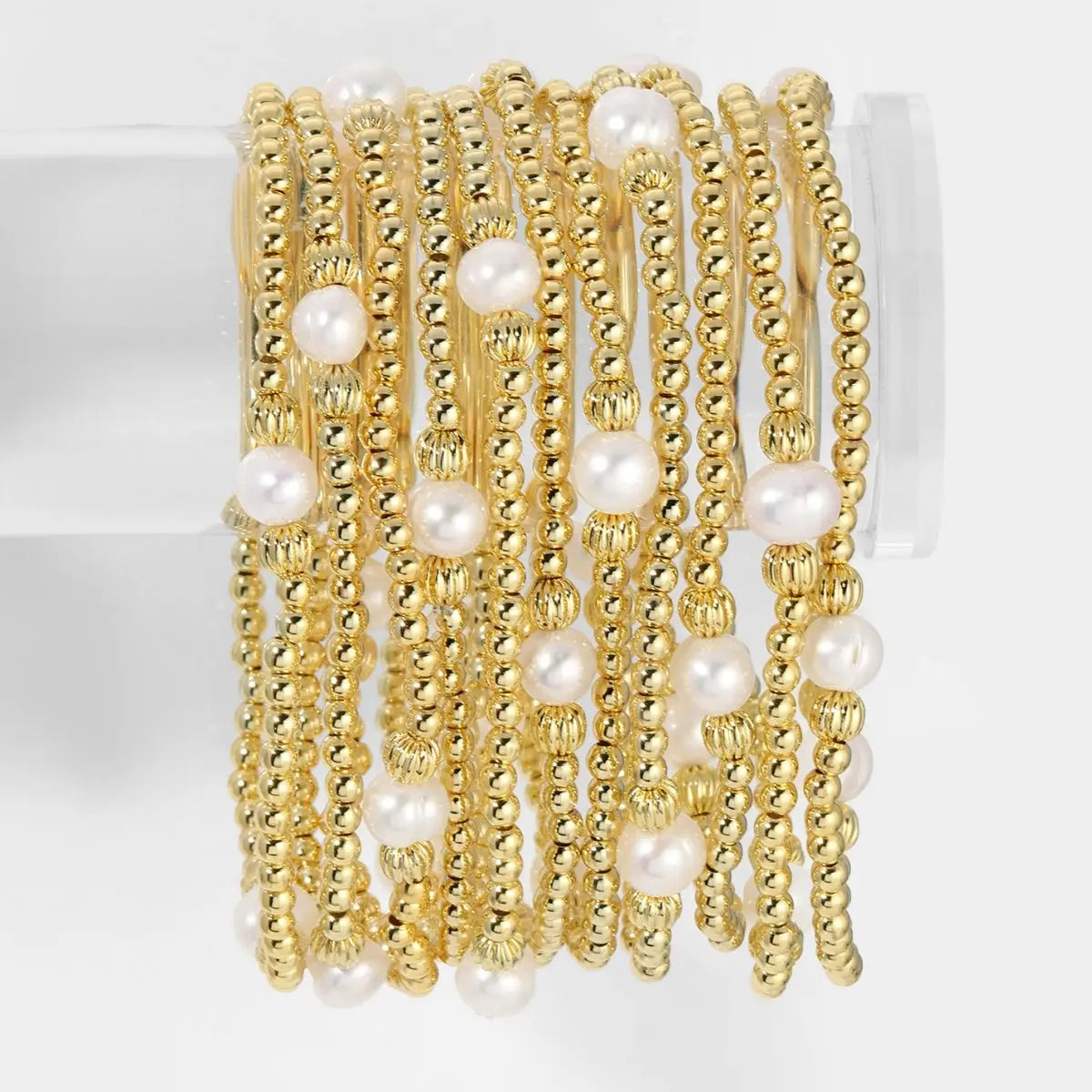 Textured Beads Stretch Bracelets with Pearls