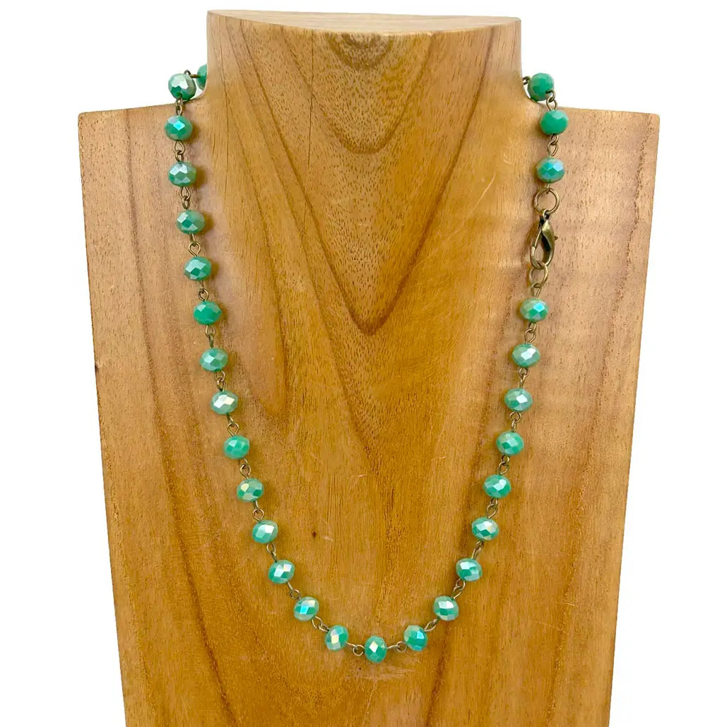 17 Inches Copper Metal Chain with Green Face Cut Crystal Beads Necklace
