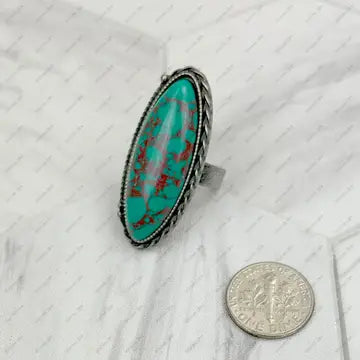 Silver Metal with Blue Turquoise Oval Stone Adjustable Ring