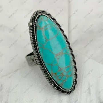 Silver Metal with Blue Turquoise Oval Stone Adjustable Ring