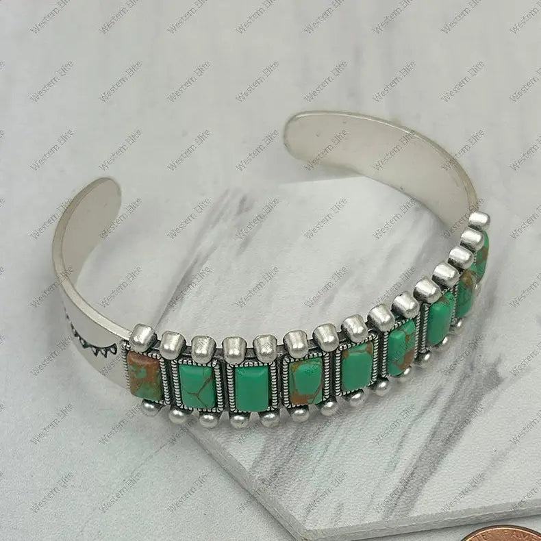 Light Green Silver Metal with Green Rectangle Turquoise Stone Bangle