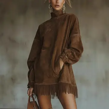 High Neck Fringe Suede Dress