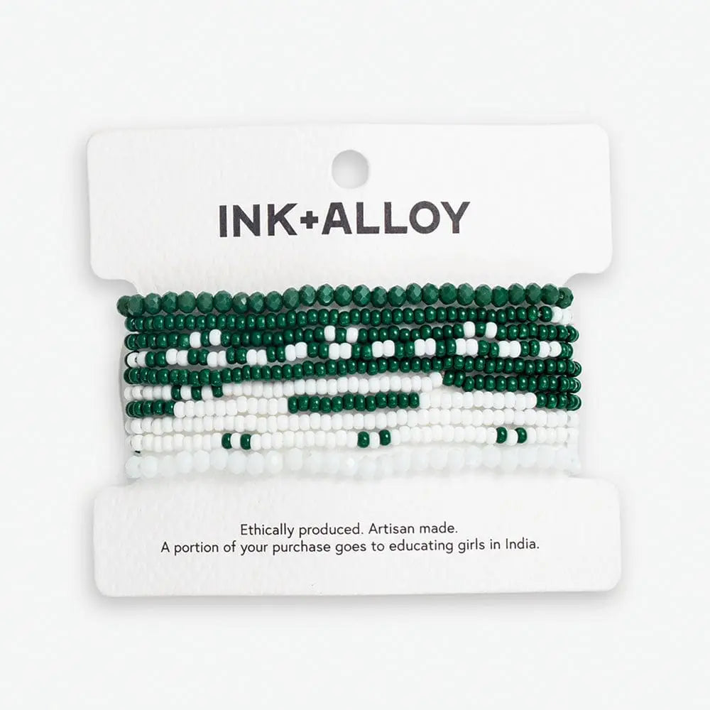 Game Day Color Block Beaded 10 Strand Stretch Bracelet Set Dark Green + White