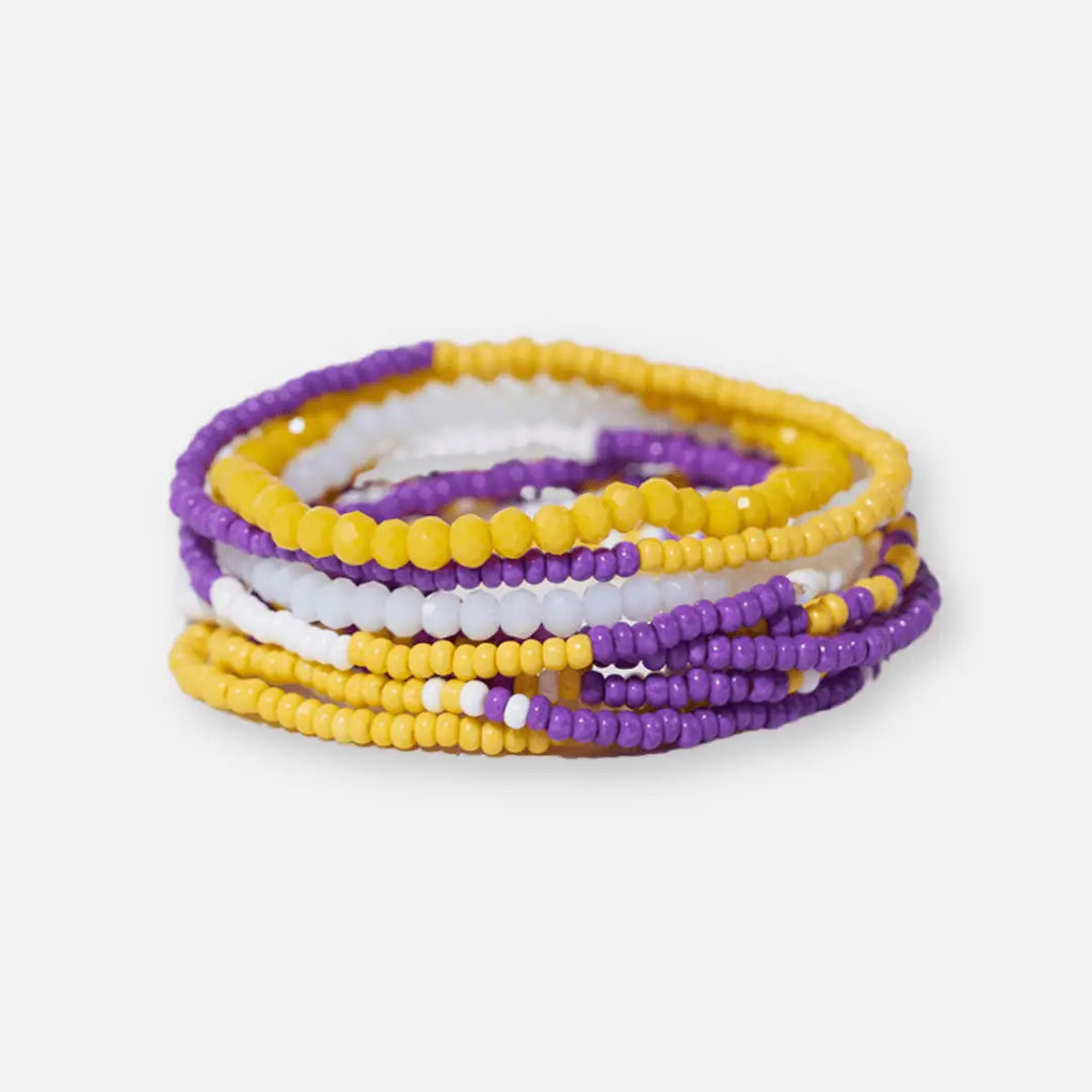 Game Day Color Block Beaded 10 Strand Stretch Bracelets Purple and Yellow