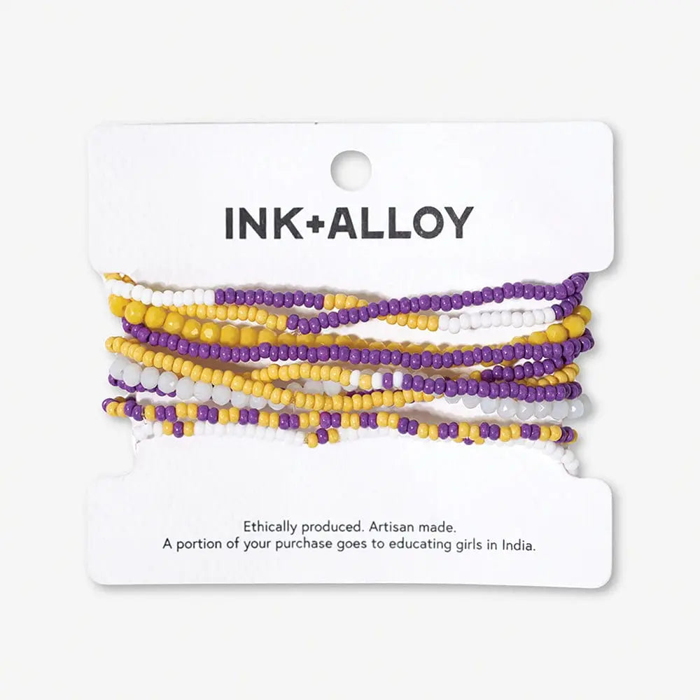 Game Day Color Block Beaded 10 Strand Stretch Bracelets Purple and Yellow