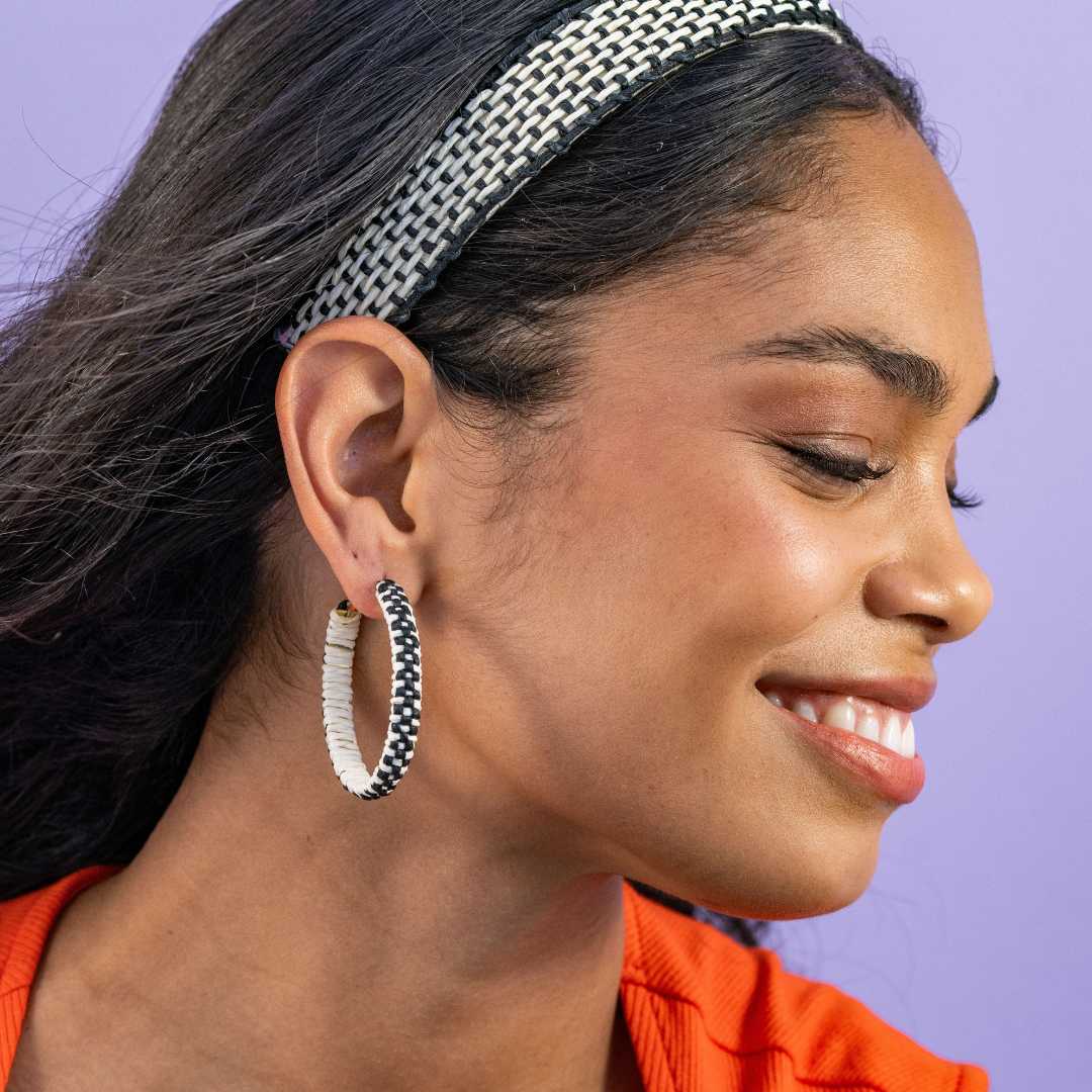 Holly Two-Color Woven Raffia Hoops Ivory and Black