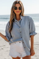 Ruffle Short Puff Sleeve Chambray Denim Shirt