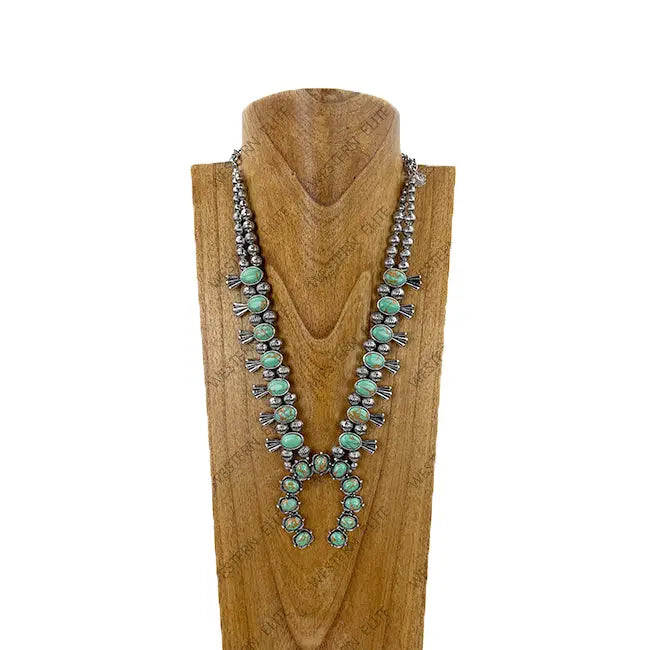 Lime green 21'' Silver with Lime Green Stone Squash Blossom Charm and Horse Shoe Necklace