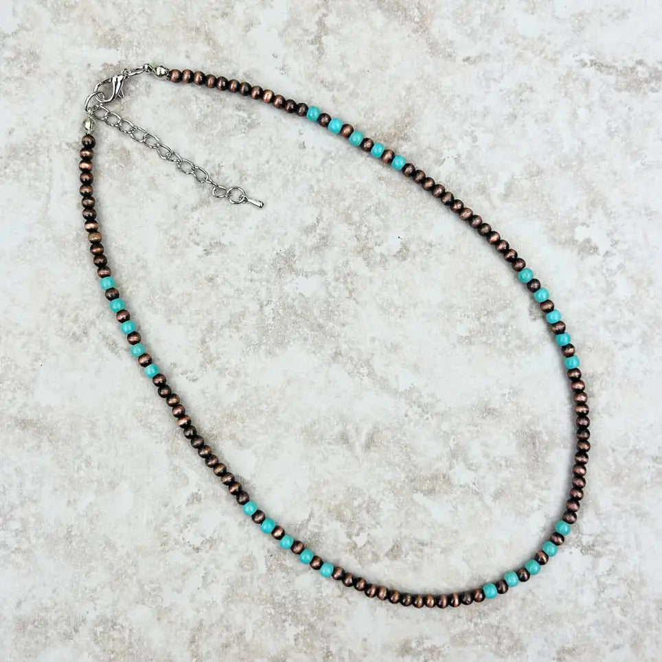 16 Inches 4mm Blue Turquoise Stone with Cooper Navajo Pearl Bead Necklace
