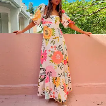 Summer Printed Lantern Sleeve A-Line Flared Dress