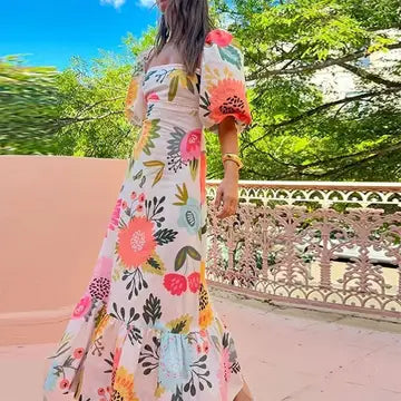 Summer Printed Lantern Sleeve A-Line Flared Dress