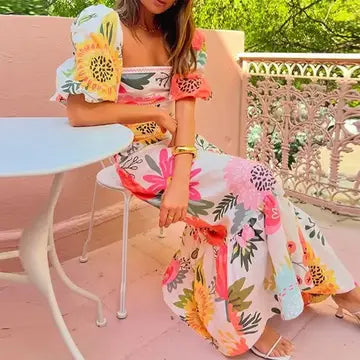 Summer Printed Lantern Sleeve A-Line Flared Dress