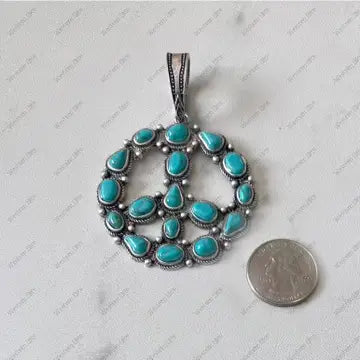 55 mm Silver Metal with Green Turquoise Stone Peace Sign Pendent