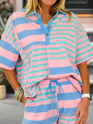 Stripe Exposed Seam Mixed Patchwork Loose Short Set