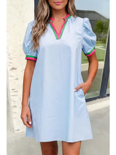 Notched Neck Stripped Puff Sleeve