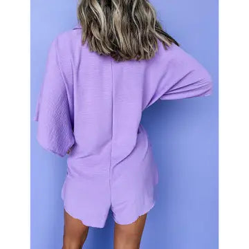 Loose Button Down Collar Double Pocket Romper