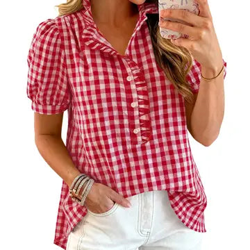 Western Retro Ruffles Detail Gingham Plaid Button Top