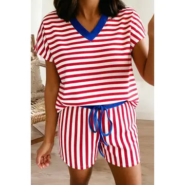 Stripe Color Block V Neck Short Sleeve set