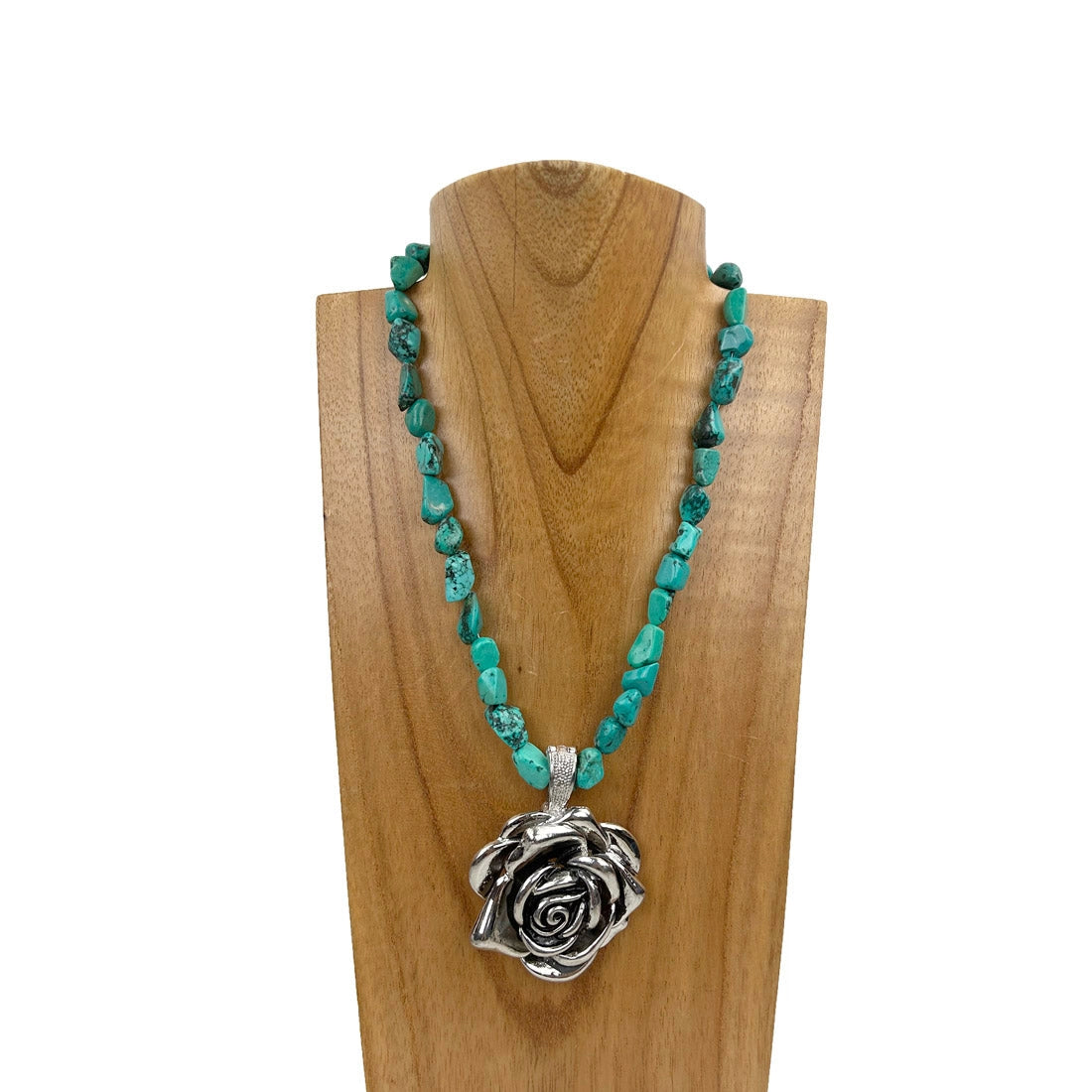 16 Inches Green Turquoise Stone Beads with Silver Metal Rose Necklace