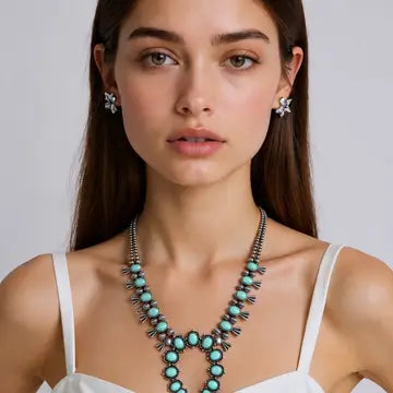 Blue Silver with Blue Turquoise Stone Squash Blossom Necklace