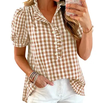 Western Retro Ruffles Detail Gingham Plaid Button Top