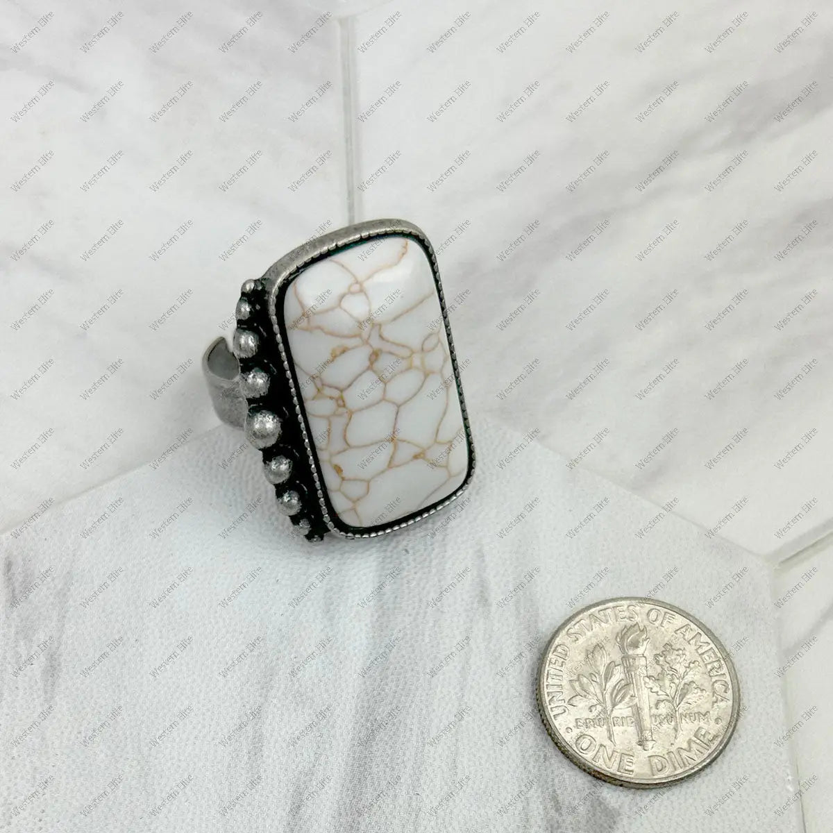 Silver Metal Rectangle Stone Adjustable Ring