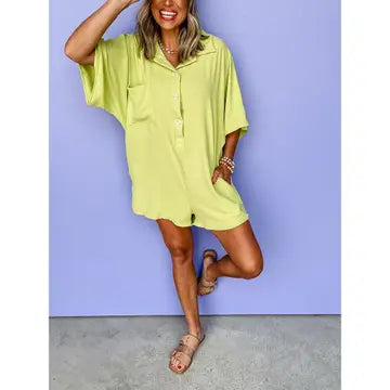 Loose Button Down Collar Double Pocket Romper
