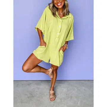 Loose Button Down Collar Double Pocket Romper