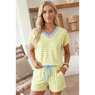 Stripe Color Block V Neck Short Sleeve set